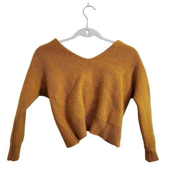 Amour Vert Sweater Large Mustard Yellow Wool Twisted Back Crop *Shrunken* - Picture 2 of 8